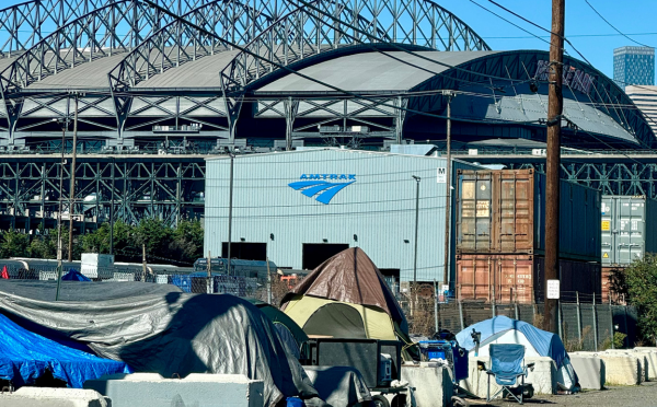 Seattle street with encampment tents